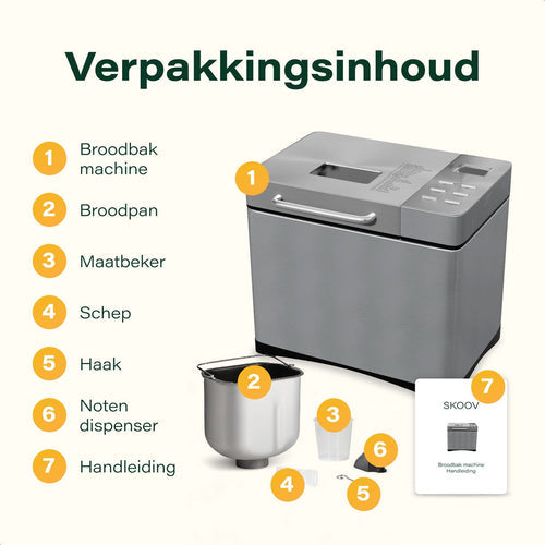Skoov Bakemaster Machine à pain en acier inoxydable - 345x248x310 mm - 19 Programmes - Sans gluten - 1000g - Minuterie 15 heures - 650W