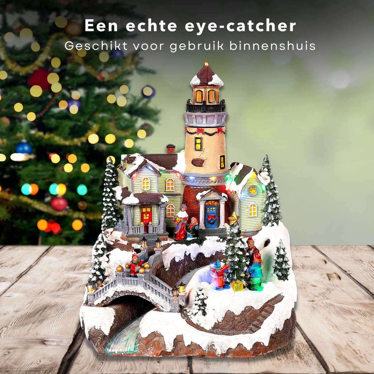 Cheqo Village de Noël avec arbre de Noël rotatif - lumière LED - 26x28x35 cm