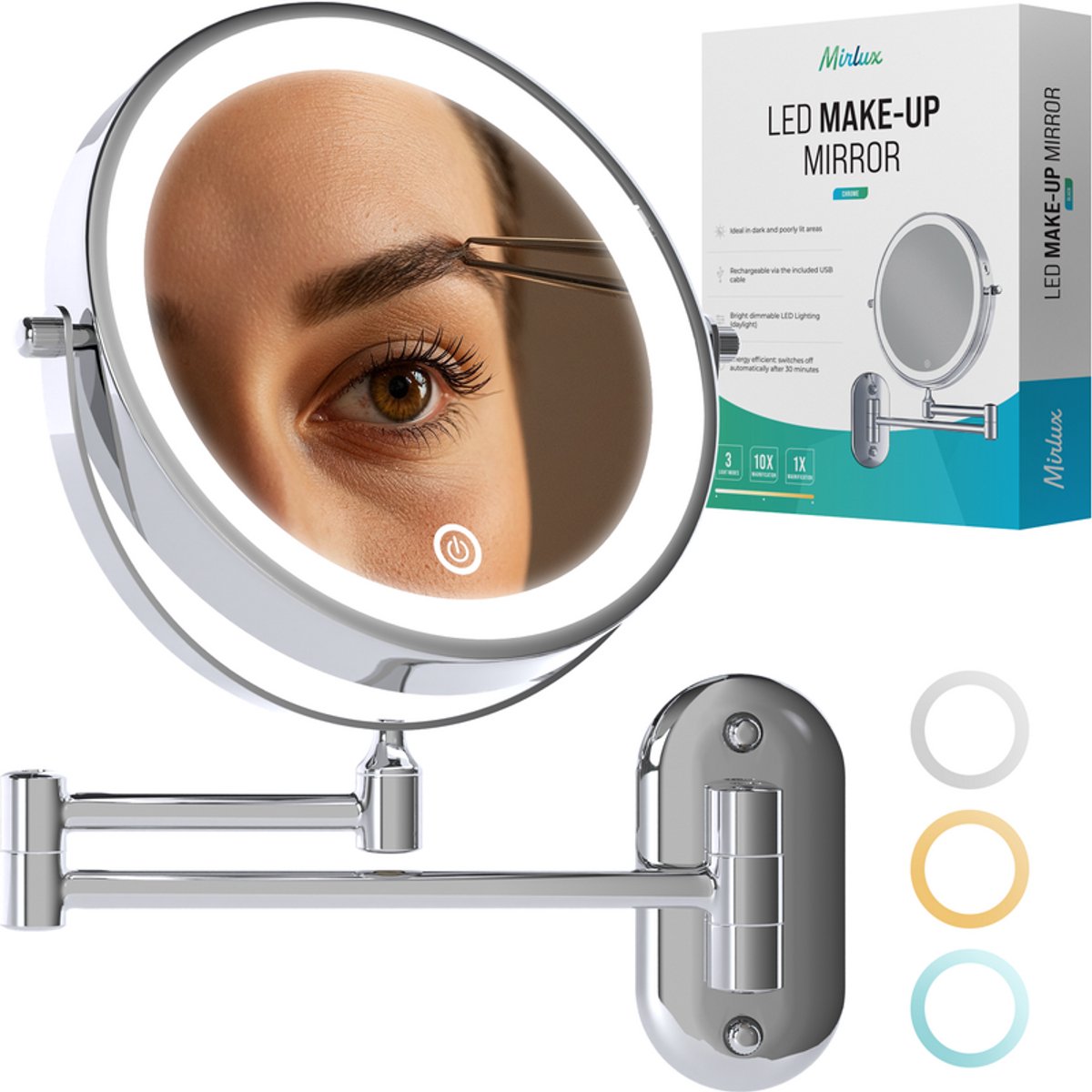 Mirlux Miroir de maquillage avec éclairage LED 20 cm - grossissement 10x - rechargeable - miroir mural avec bras extensible - chrome