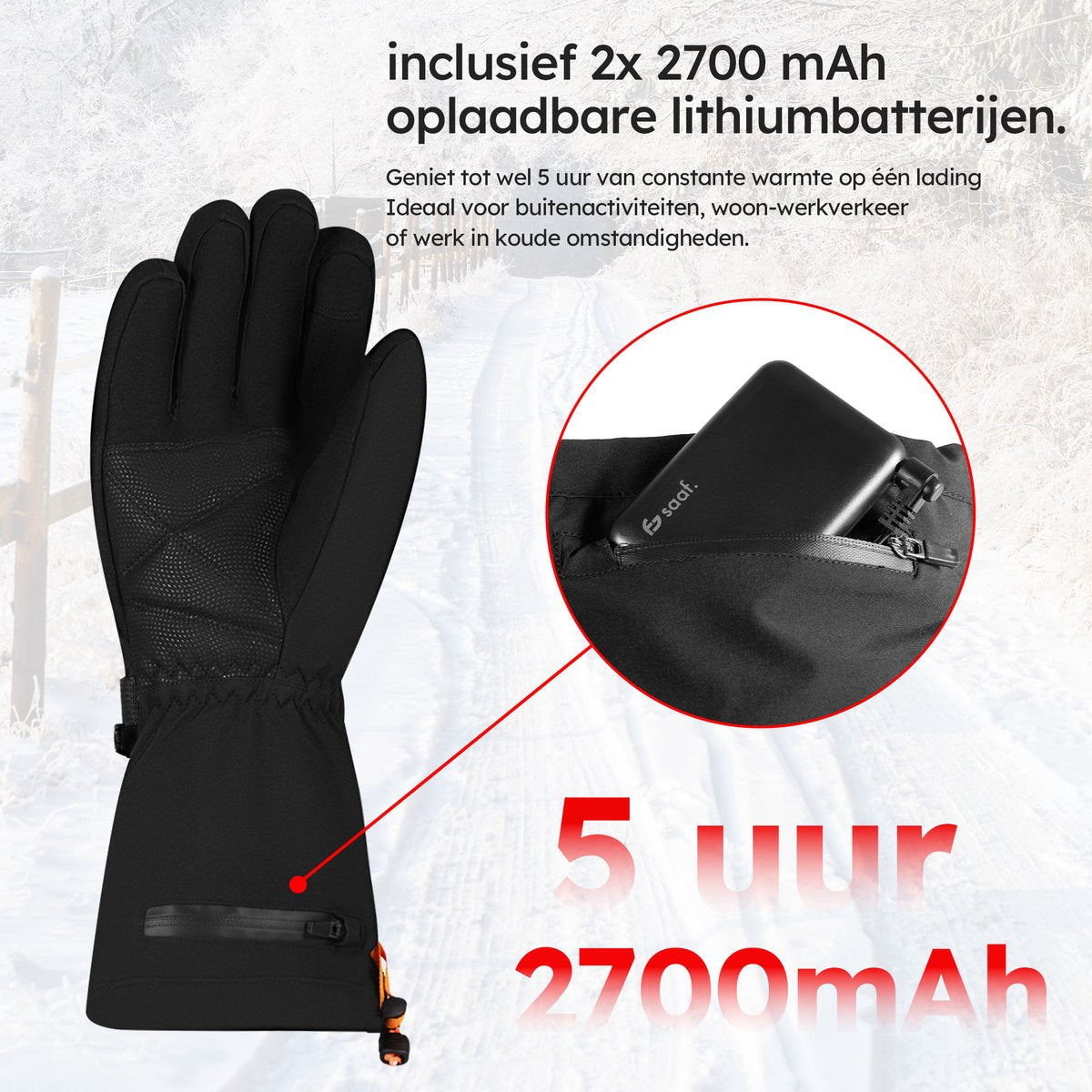 Gants chauffants Saaf XS - noir - rechargeable - 3 réglages - résistant à l'eau et au vent