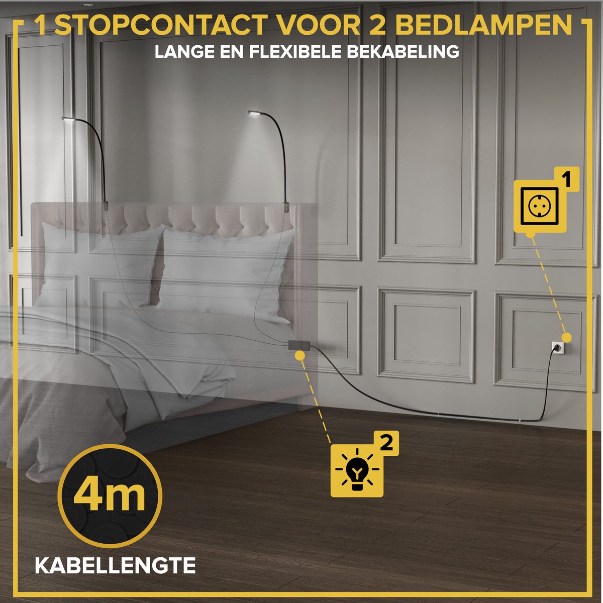 Realight BL300 Lampe de lit - Lampe de nuit LED avec fonction variateur - Lampe de lecture pour le lit et la tête de lit - Lampe tactile - Lumière blanche chaude - 2 pièces - 58 cm - Noir