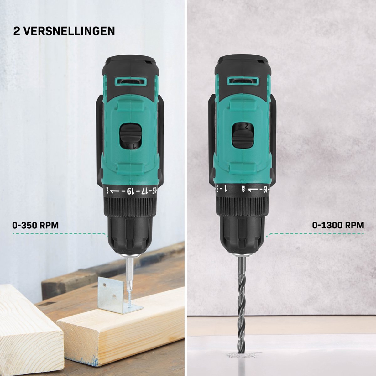 Vonroc Perceuse sans fil 20V - 19 modes de vissage + mode de perçage - 2 embouts inclus - Batterie et chargeur rapide inclus