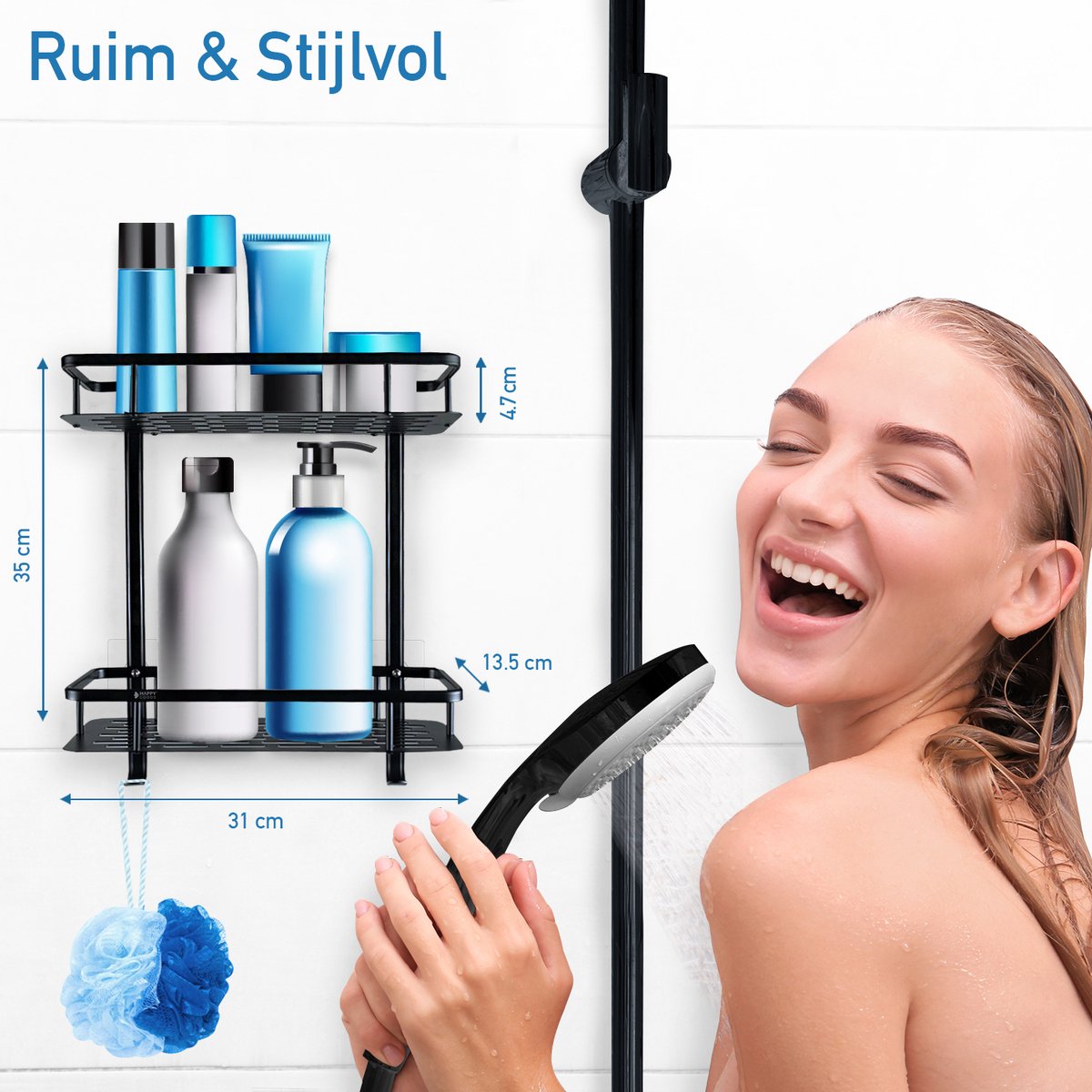 Happy Goods® Support de douche - 2 couches - sans perçage - acier inoxydable - auto-adhésif - capacité de charge de 20 kg - support de salle de bain noir