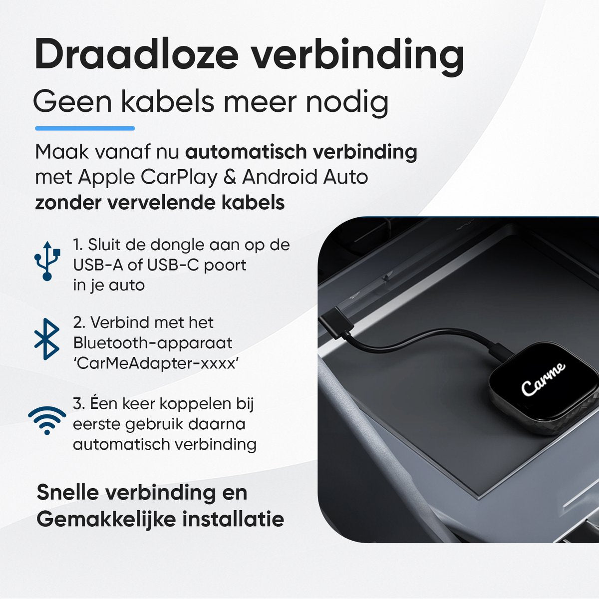 CarMe Premium 2-in-1 CarPlay Dongle - Wireless CarPlay & Android Auto - USB-A & USB-C - Connexion 5GHz - Auto Pairing - Noir