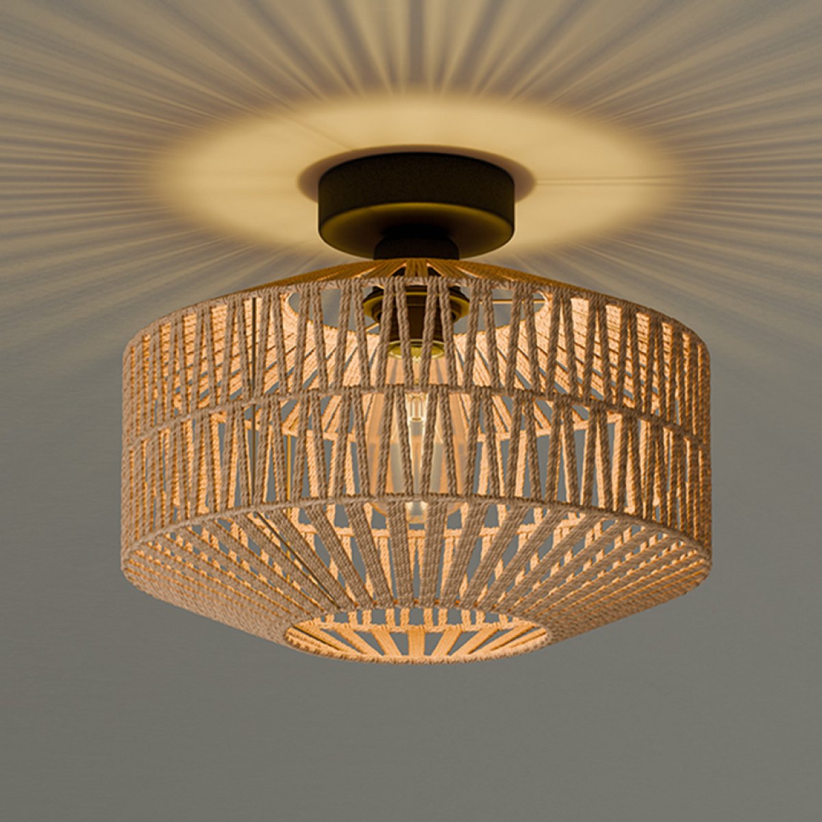 Plafonnier Nolt - Plafonnier - Lampe E27 - Rustique - ⌀ 30cm - Jute - Marron