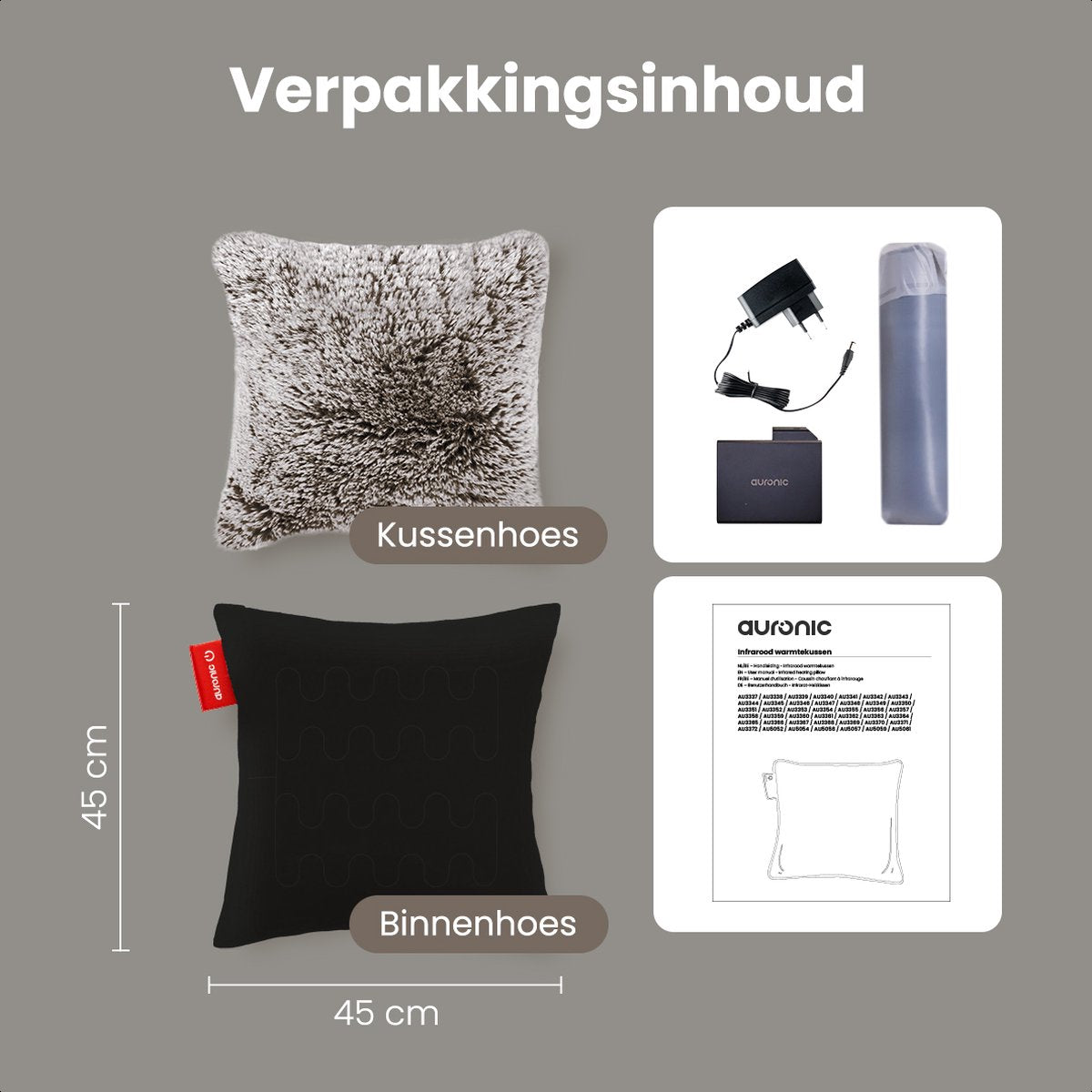 Oreiller chauffant Auronic - Teddy - 45x45 - Rechargeable - Oreiller électrique - Infrarouge - Gris