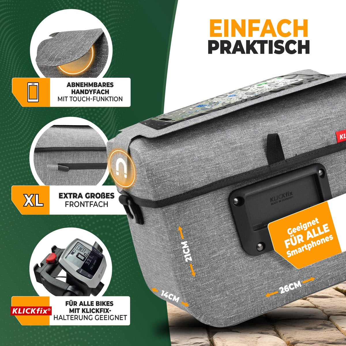 MIVELO Sacoche guidon enfant KLICKfix - Imperméable - Compartiment mobile - Gris