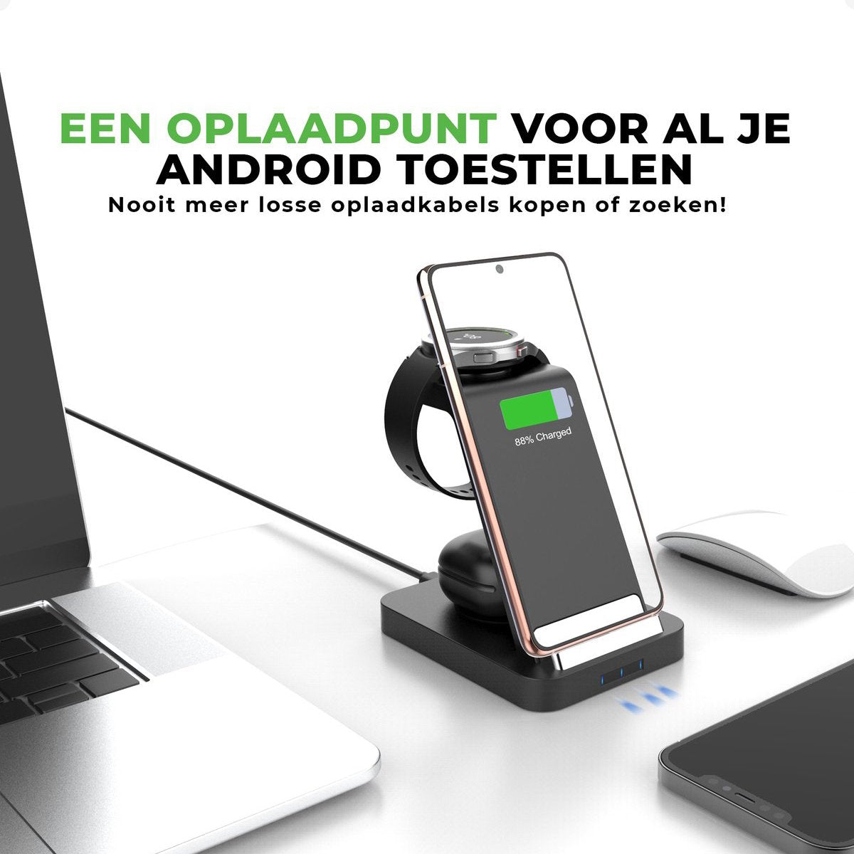 iSetchi Wireless 3-in-1 Charging Station - Indicateur LED - Chargement rapide 15W - Noir