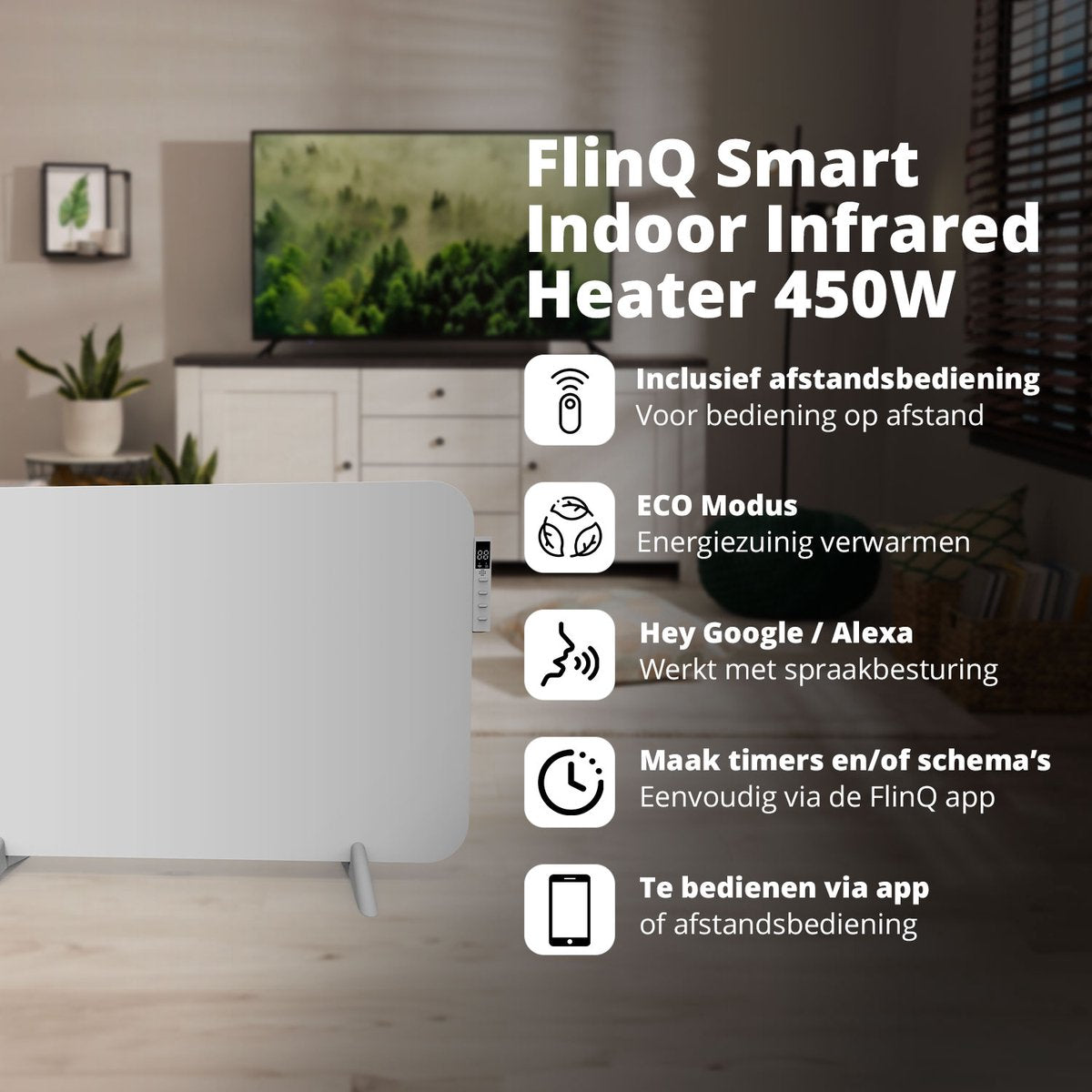 FlinQ Panneau chauffant intelligent - Infrarouge - 450 W - 12 m² - Thermostat inclus - 45 x 72,5 x 2,8 cm. -Blanc