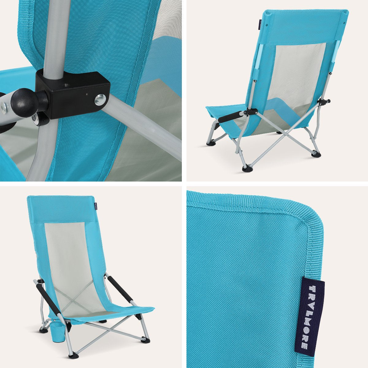 TRVLMORE Chaise de plage - pliable - capacité de charge de 130 kg - avec porte-gobelet et sac de transport - dossier haut - bleu