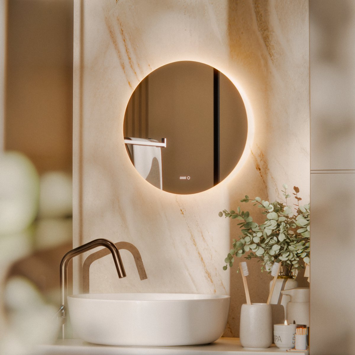 Beloura Miroir de salle de bain avec éclairage - Miroir de salle de bain rond - Chauffage - Horloge - LED - 50 cm