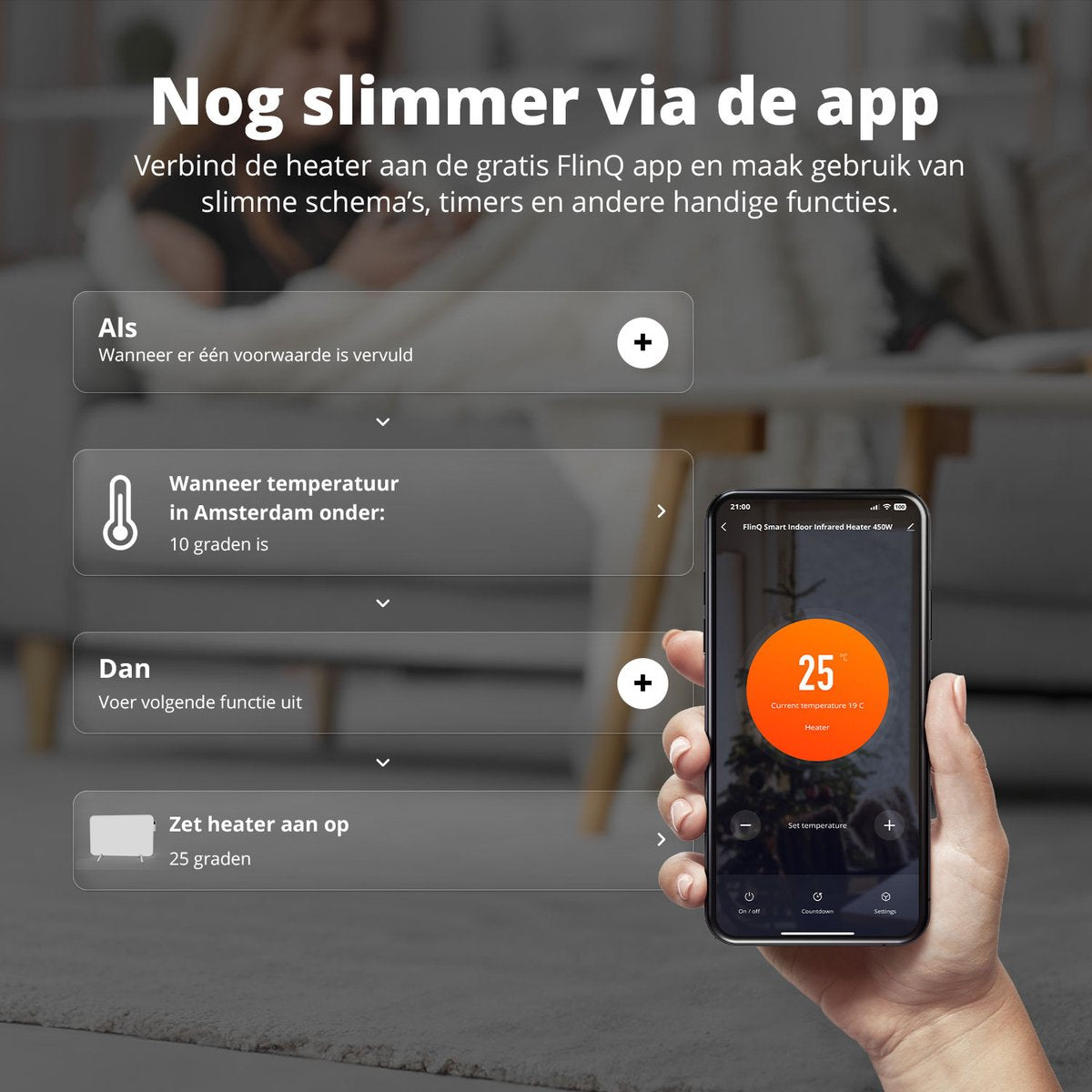 FlinQ Panneau chauffant intelligent - Infrarouge - 450 W - 12 m² - Thermostat inclus - 45 x 72,5 x 2,8 cm. -Blanc