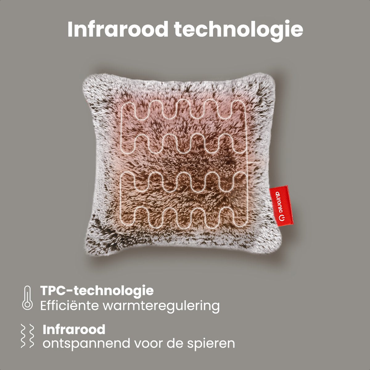Oreiller chauffant Auronic - Teddy - 45x45 - Rechargeable - Oreiller électrique - Infrarouge - Gris