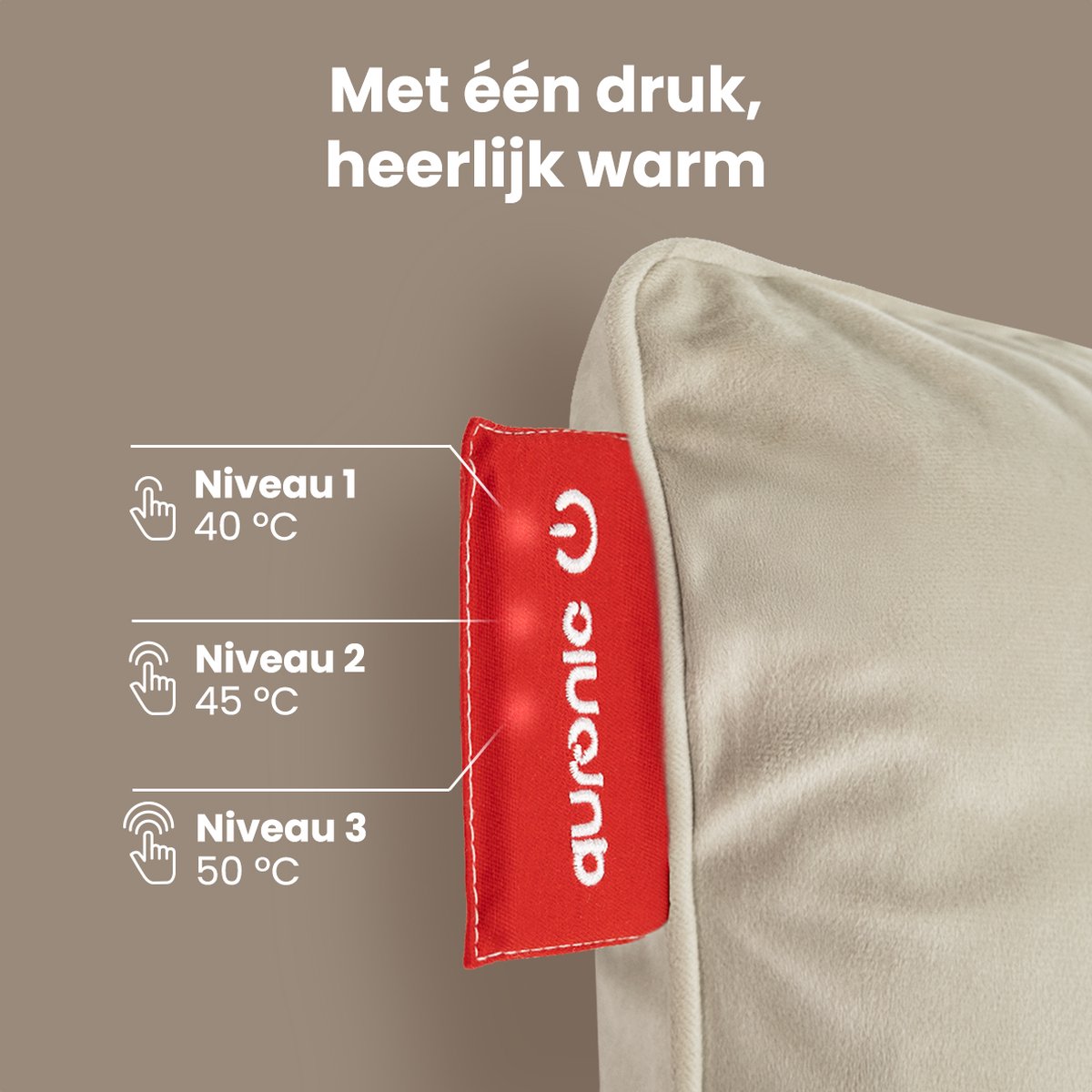 Auronic Wireless Heat Pillow - Velvet 45x45 cm | Rechargeable et électrique | Chauffage infrarouge | 3 niveaux de chaleur | Taupe