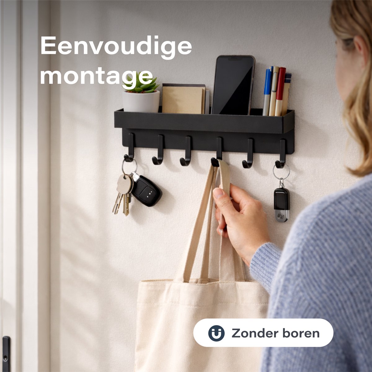 Luft Porte-clés avec étagère - 6 crochets - Porte-manteau - Organisateur - Mural - Industriel - Noir