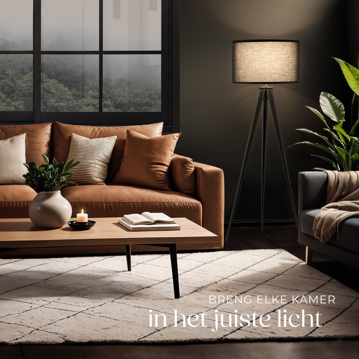 tectake® Lampadaire - Lampadaire 3 pieds - Hauteur 158 cm - Abat-jour aspect lin - Interrupteur à pied - Noir