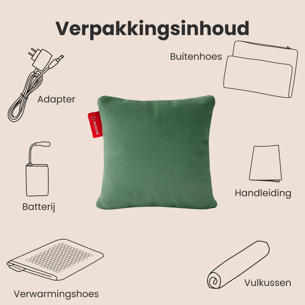 Auronic Heat Pillow - Classic - 45x45 - Sans fil - Rechargeable - Oreiller électrique - Infrarouge - Vert pastel