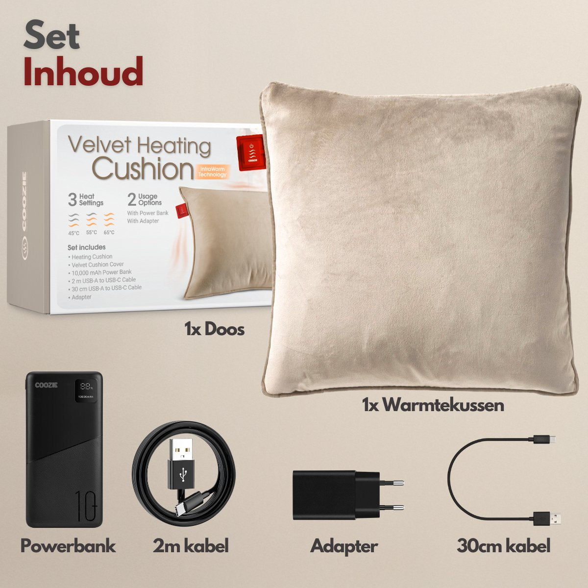 Coozie Rechargeable Heat Pillow 45x45 cm - Sans fil et filaire - 3 niveaux de chaleur (45-65°C) - Velvet Beige - 10 000 mAh Powerbank inclus