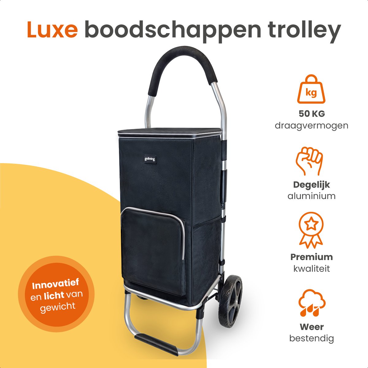 Chariot de courses - Goliving - Avec poches latérales et compartiment réfrigérant - Pliable - Aluminium inoxydable - 50L - Noir