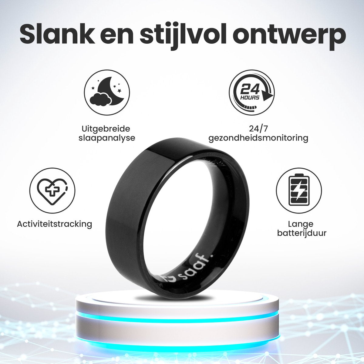 Saaf Smart Ring - Noir - Taille 8 - Traceur d'activité mince pour les femmes et les hommes