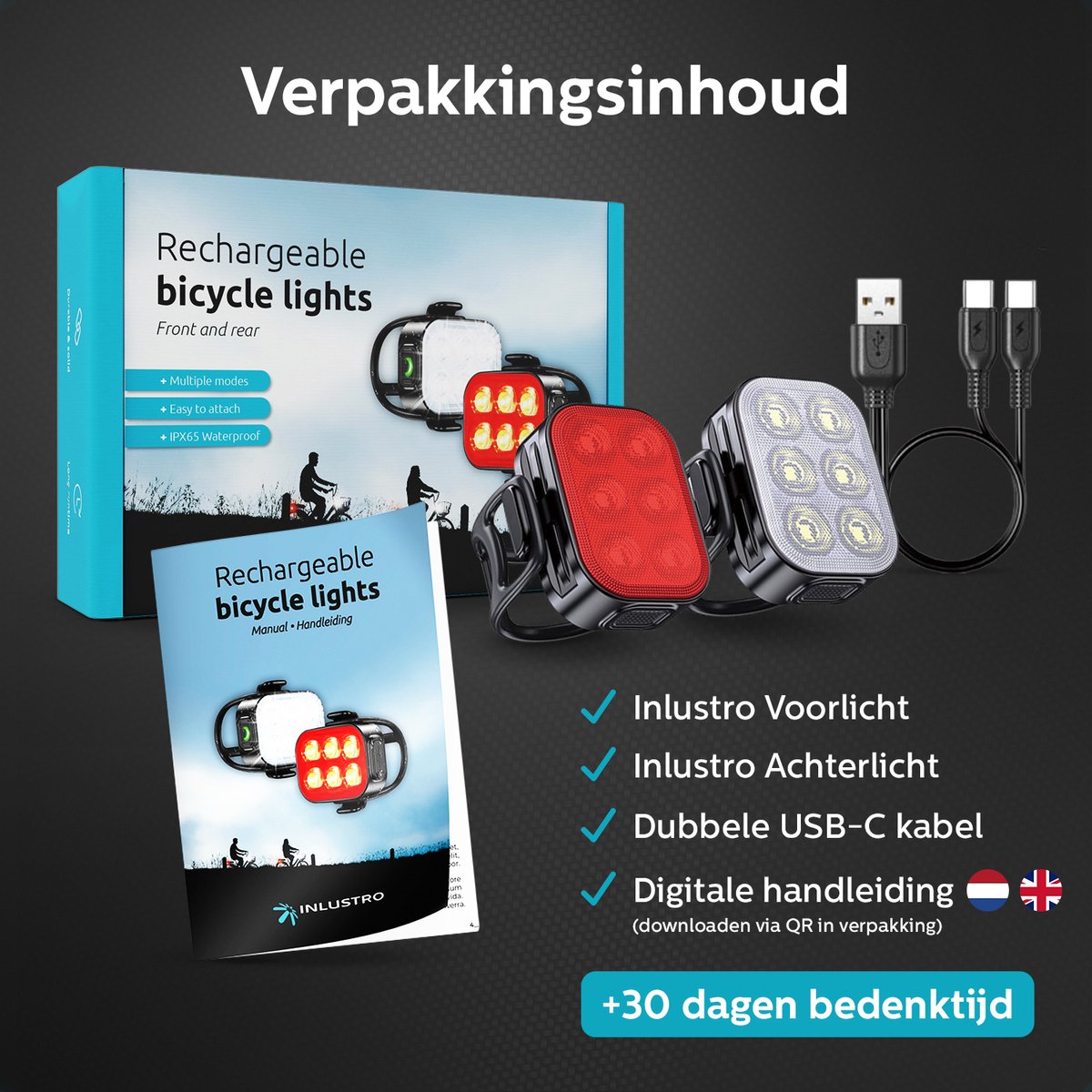 Inlustro LED Bicycle Light Set - Feux avant et arrière - Rechargeable par USB - Étanche - 7,5 x 3,2 cm - Noir