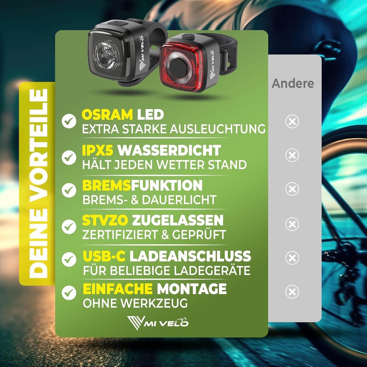 Ensemble de feux de vélo avec indicateur de freinage - Feu de vélo LED homologué StVZO et étanche IPX5 - Feu de vélo avant et arrière rechargeable via USB - Feu de vélo avant et arrière avec batterie rechargeable