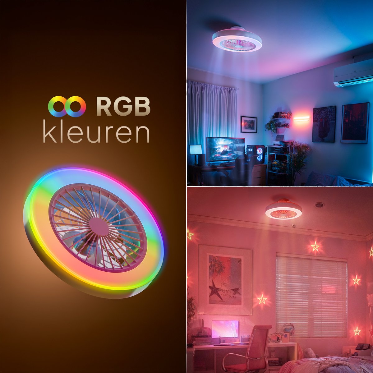 Nolt Ventilateur de plafond avec éclairage RGB - Ventilateur de plafond - Plafonnier - LED RGBW - Tuya Wifi Smart - Télécommande - ⌀ 50cm - Blanc