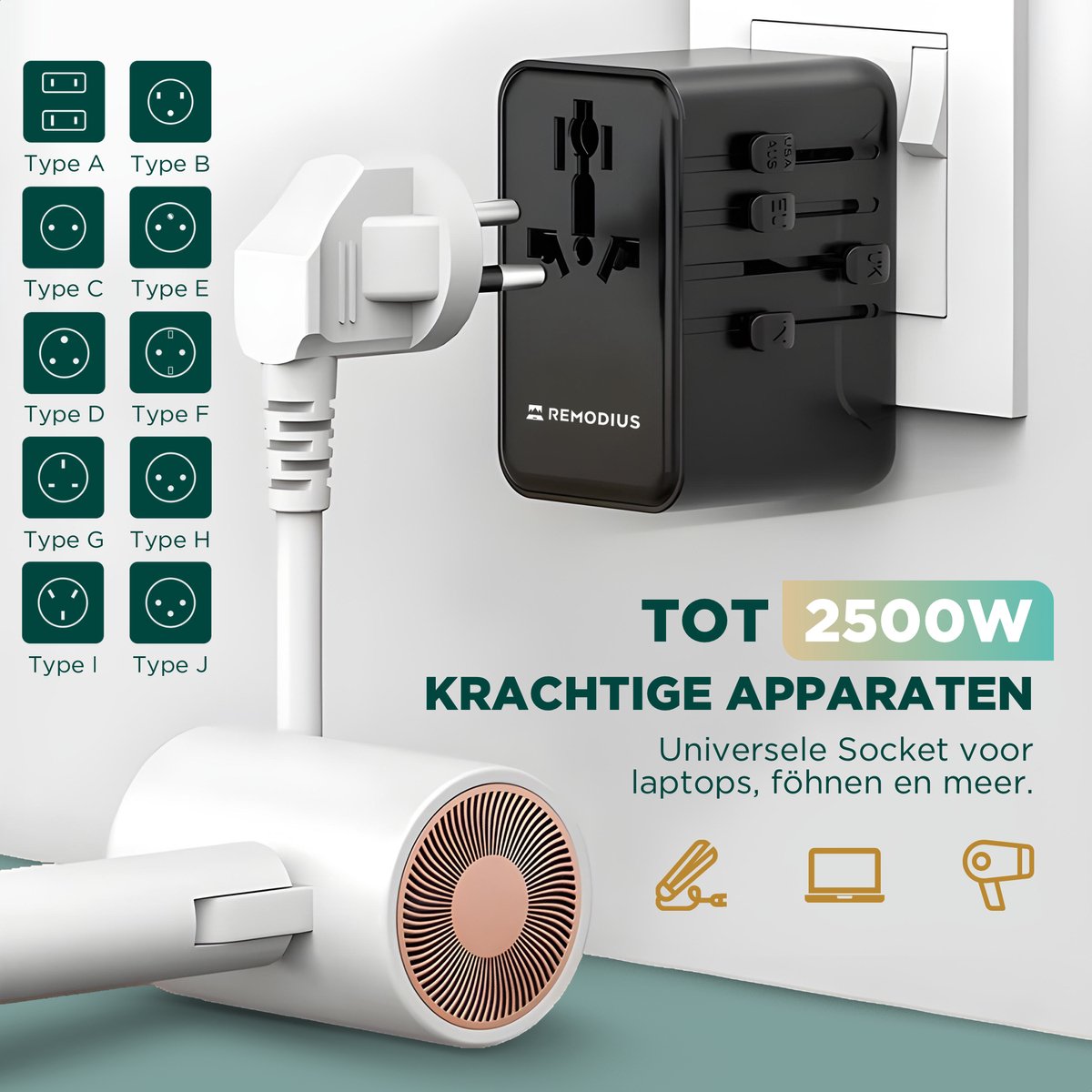 Remodius World Plug - Adaptateur de voyage universel pour plus de 220 pays - 2x USB-C & 2x USB-A - Chargeur rapide - Type A/B/C/D/E/F/G/I/J/L/N - Compact et résistant aux bagages à main