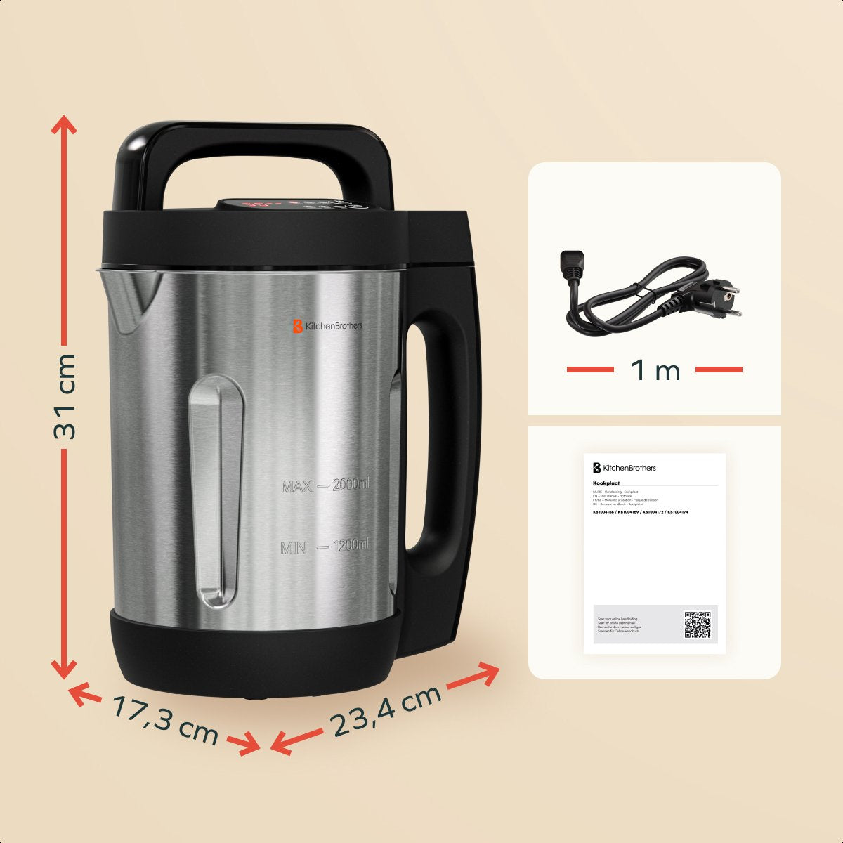 KitchenBrothers Machine à soupe - 2L - 5 programmes - affichage de la minuterie - mixeur - acier inoxydable/noir