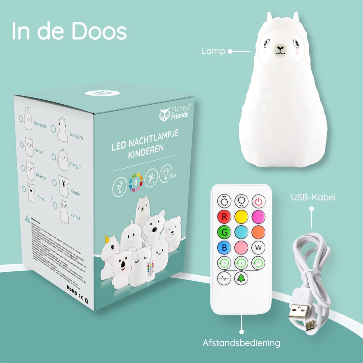 Veilleuse Sleepy Friends Lama - 95x97x100 mm - 8 Couleurs - Rechargeable par USB - Dimmable - Veilleuse Bébé & Enfant