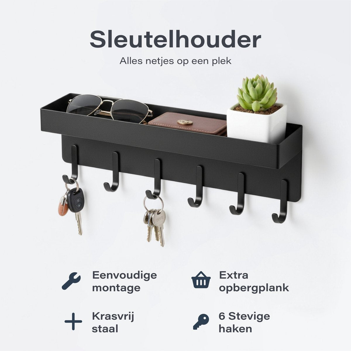 Luft Porte-clés avec étagère - 6 crochets - Porte-manteau - Organisateur - Mural - Industriel - Noir