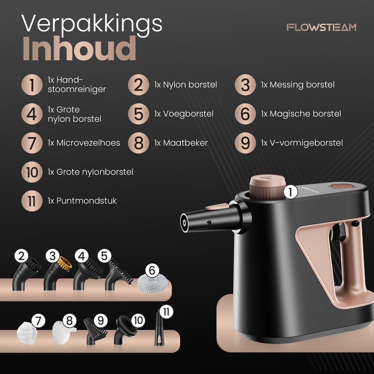 FLOWSTEAM® 9-in-1 Nettoyeur à vapeur portatif - Puissant nettoyeur à vapeur et nettoyeur de taches - 4 bars et vapeur à 110°C - Pour la salle de bain, la cuisine, le canapé et les meubles**.