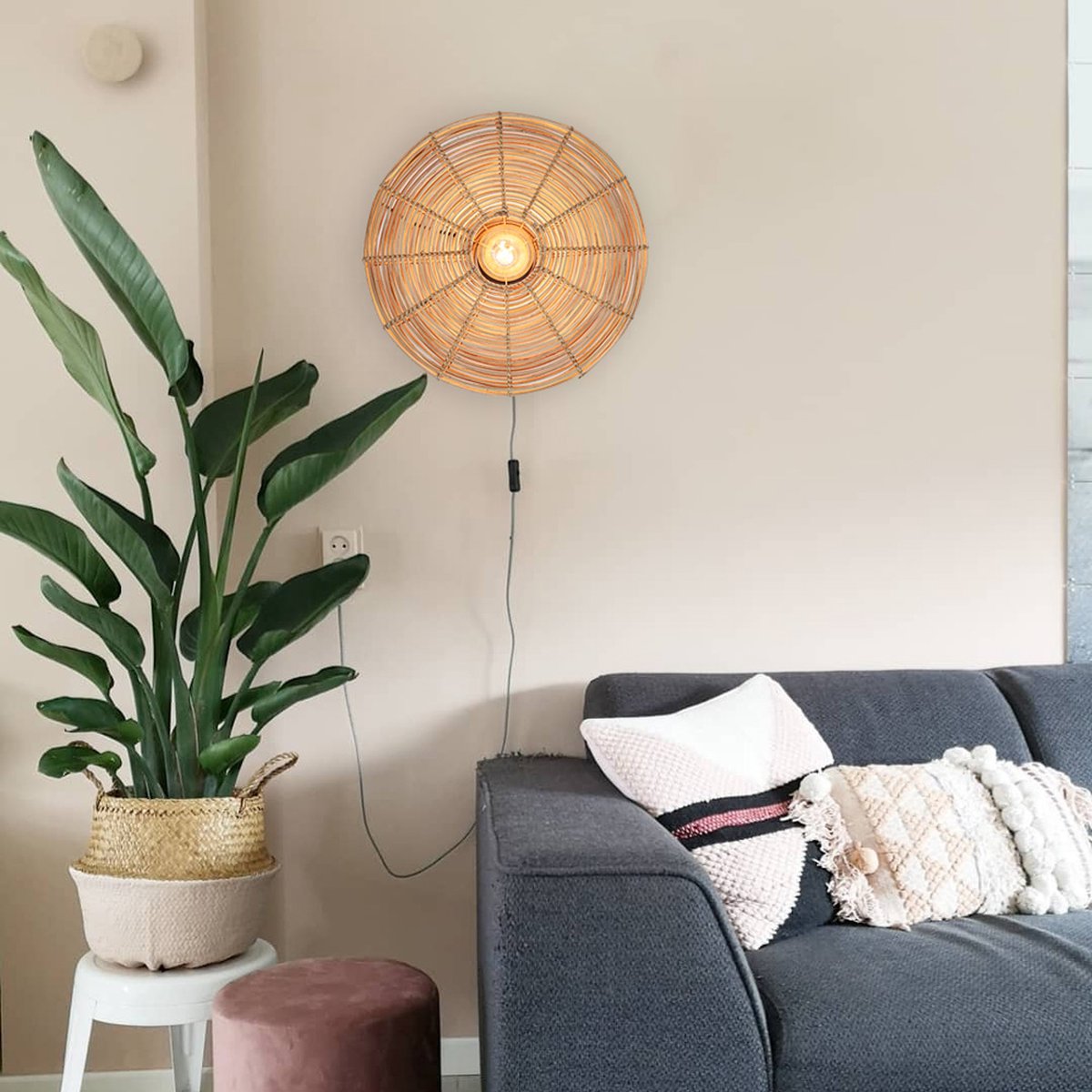 Light & Living Applique Mataka Rattan Ø51 cm - Marron - Applique ronde - Luminaires d'intérieur