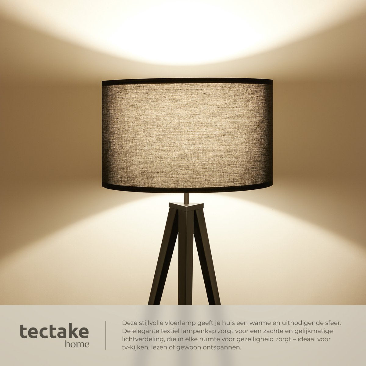 tectake® Lampadaire - Lampadaire 3 pieds - Hauteur 158 cm - Abat-jour aspect lin - Interrupteur à pied - Noir