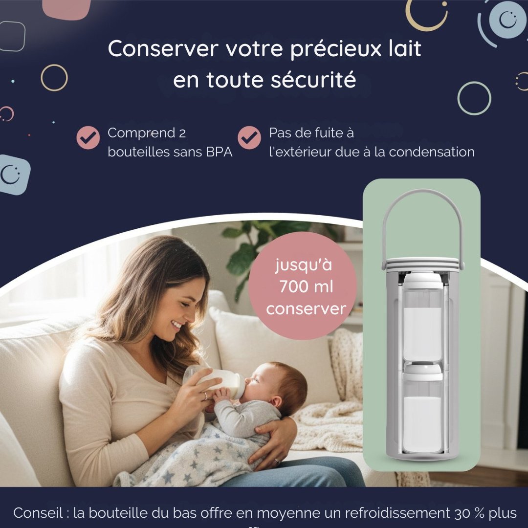 Refroidisseur de lait pour bébé Numsy - Refroidisseur de lait maternel portable - 24h de refroidissement - Pas de condensation - 2x350ml biberons sans BPA inclus - Anti-fuites - Gris clair