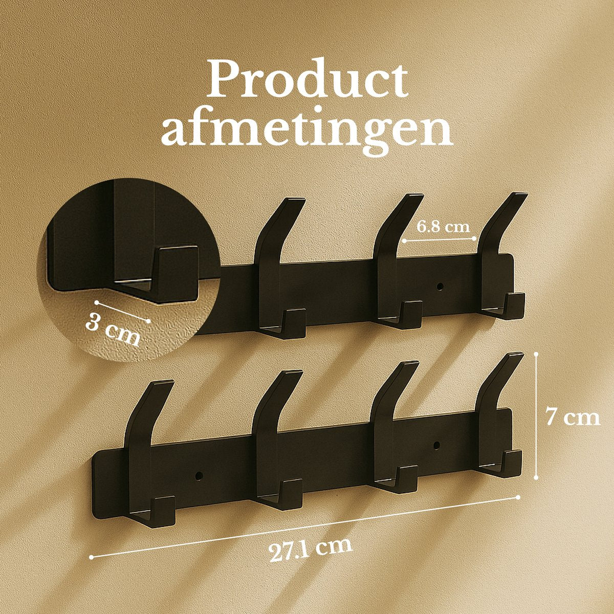 O'DADDY® Wall Coat Rack 16 Hooks - Porte-manteau suspendu - Porte-serviettes - Porte-manteau mural - 2 rangées de 8 crochets - Bande adhésive incluse - Design industriel - Noir