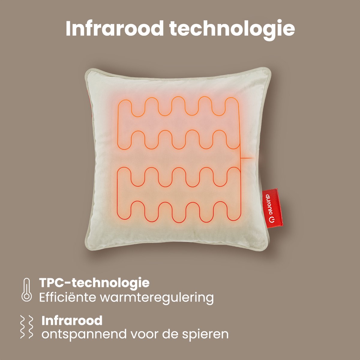 Auronic Wireless Heat Pillow - Velvet 45x45 cm | Rechargeable et électrique | Chauffage infrarouge | 3 niveaux de chaleur | Taupe