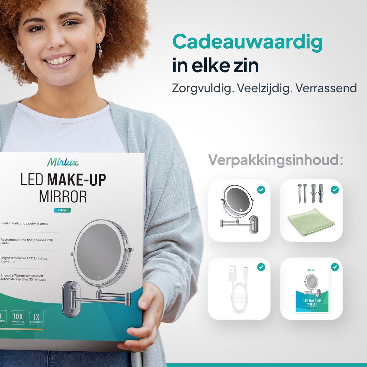Mirlux Miroir de maquillage avec éclairage LED 20 cm - grossissement 10x - rechargeable - miroir mural avec bras extensible - chrome