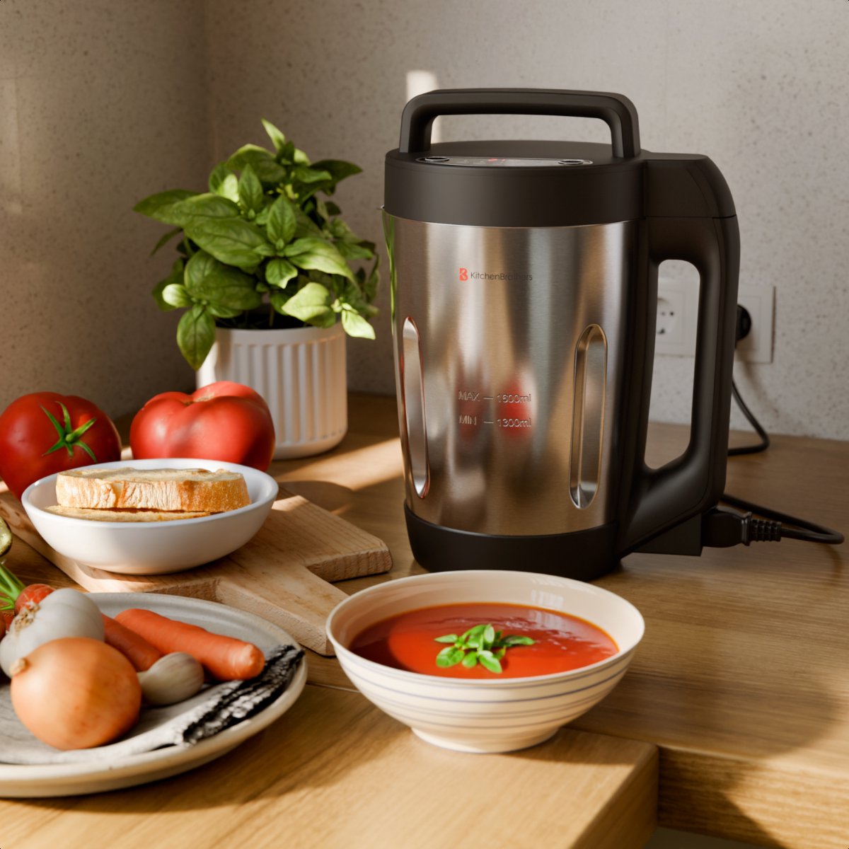 KitchenBrothers Machine à soupe - 2L - 5 programmes - affichage de la minuterie - mixeur - acier inoxydable/noir