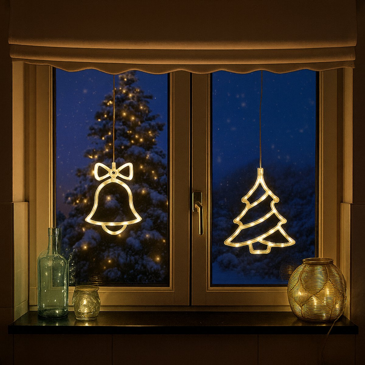 Giftmas Décoration suspendue LED Cloche de Noël & Arbre de Noël Blanc Chaud 14x18.3 cm - Alimentation par piles - Décorations de fenêtres pour l'intérieur