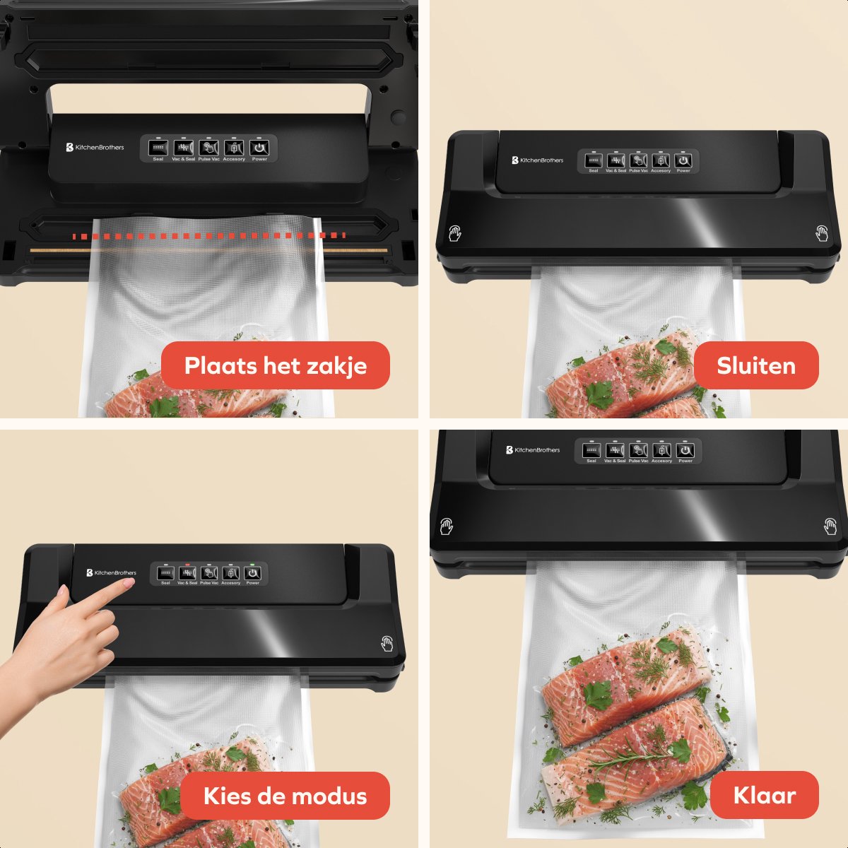 KitchenBrothers Vacuum machine Essential - Machine à emballer sous vide 4,5 L/min - 4 supports - 40 sacs de mise sous vide sans PFAS et tuyau de mise sous vide inclus - Noir