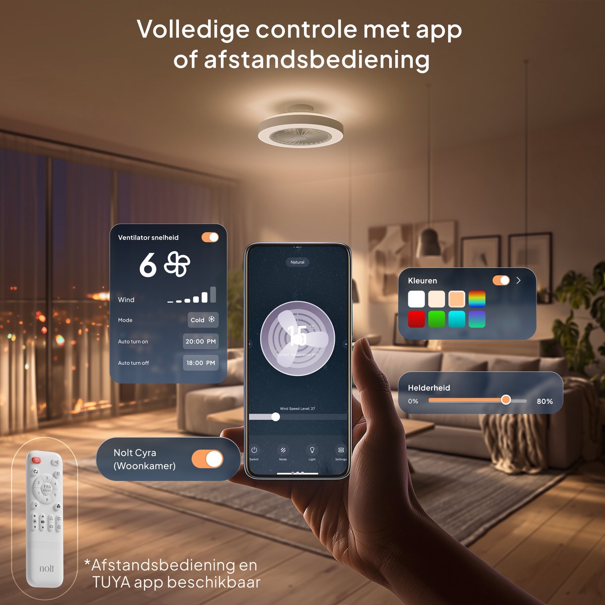 Nolt Ventilateur de plafond avec éclairage RGB - Ventilateur de plafond - Plafonnier - LED RGBW - Tuya Wifi Smart - Télécommande - ⌀ 50cm - Blanc