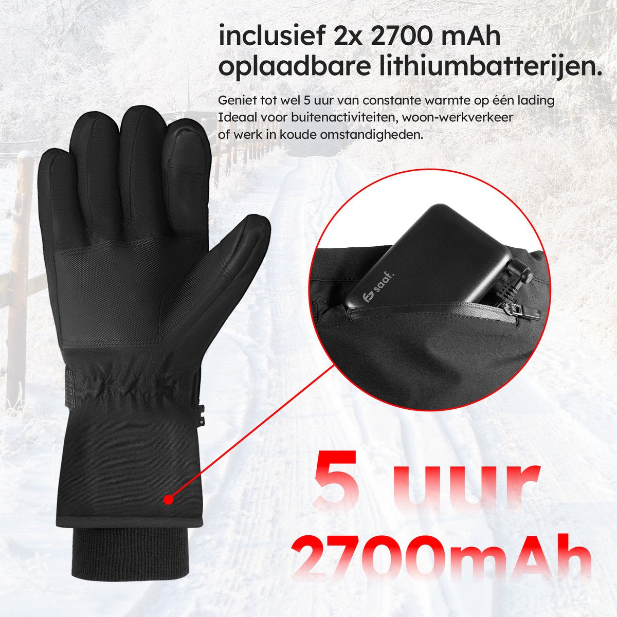 Gants chauffants Saaf Pro M - 3 positions - Rechargeable - Imperméable et coupe-vent - Noir - 28x11 cm
