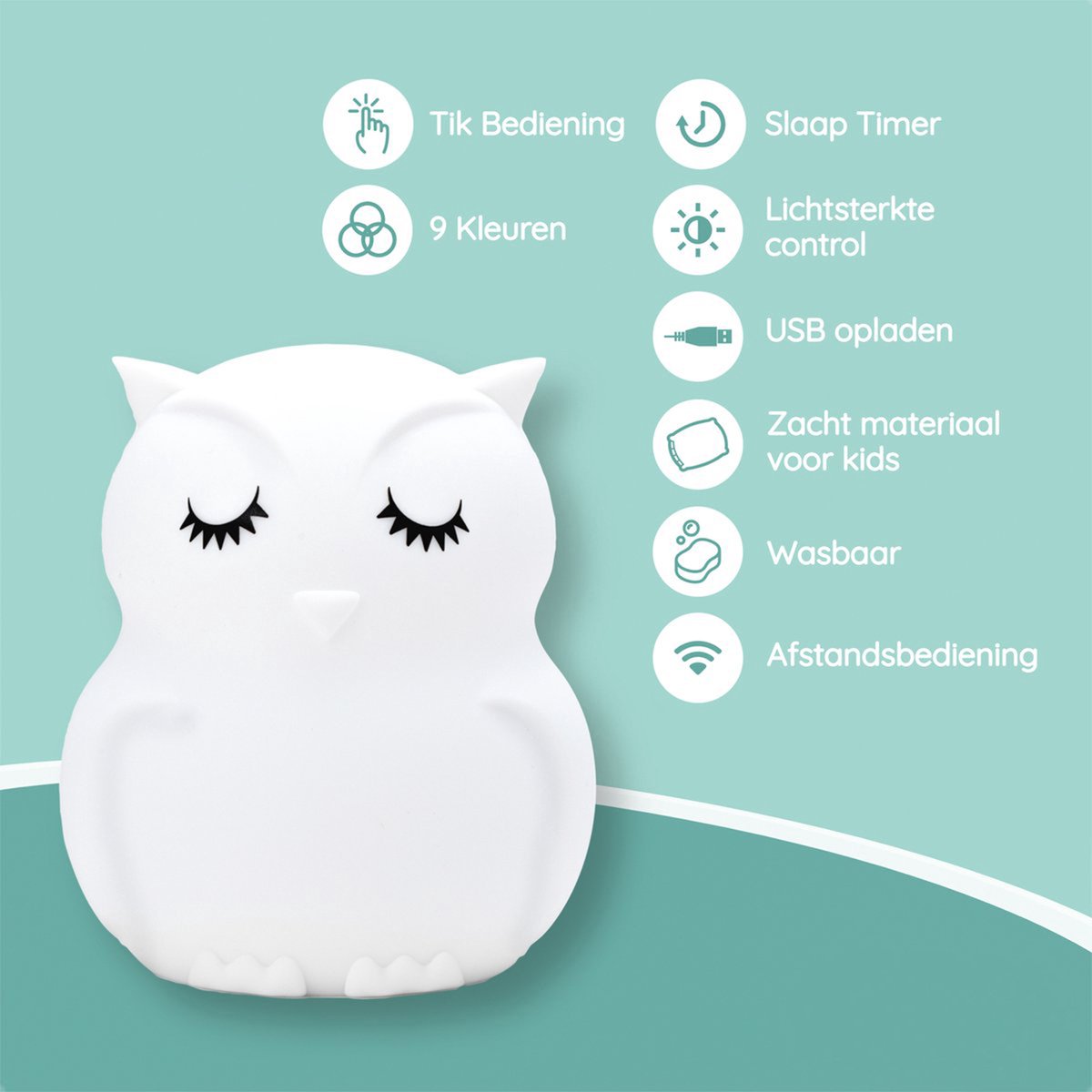 Veilleuse Sleepy Friends Children's Owl - Veilleuse Dimmable Bébé et Enfant - 8 Couleurs - Rechargeable par USB - Télécommande tactile - 95 x 97 x 100 mm - 169g