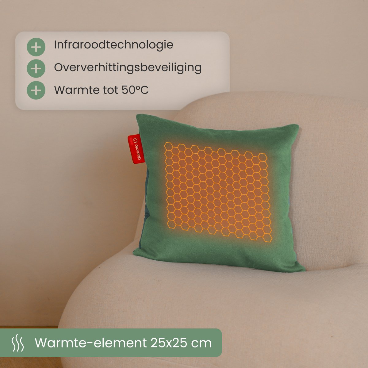 Auronic Heat Pillow - Classic - 45x45 - Sans fil - Rechargeable - Oreiller électrique - Infrarouge - Vert pastel