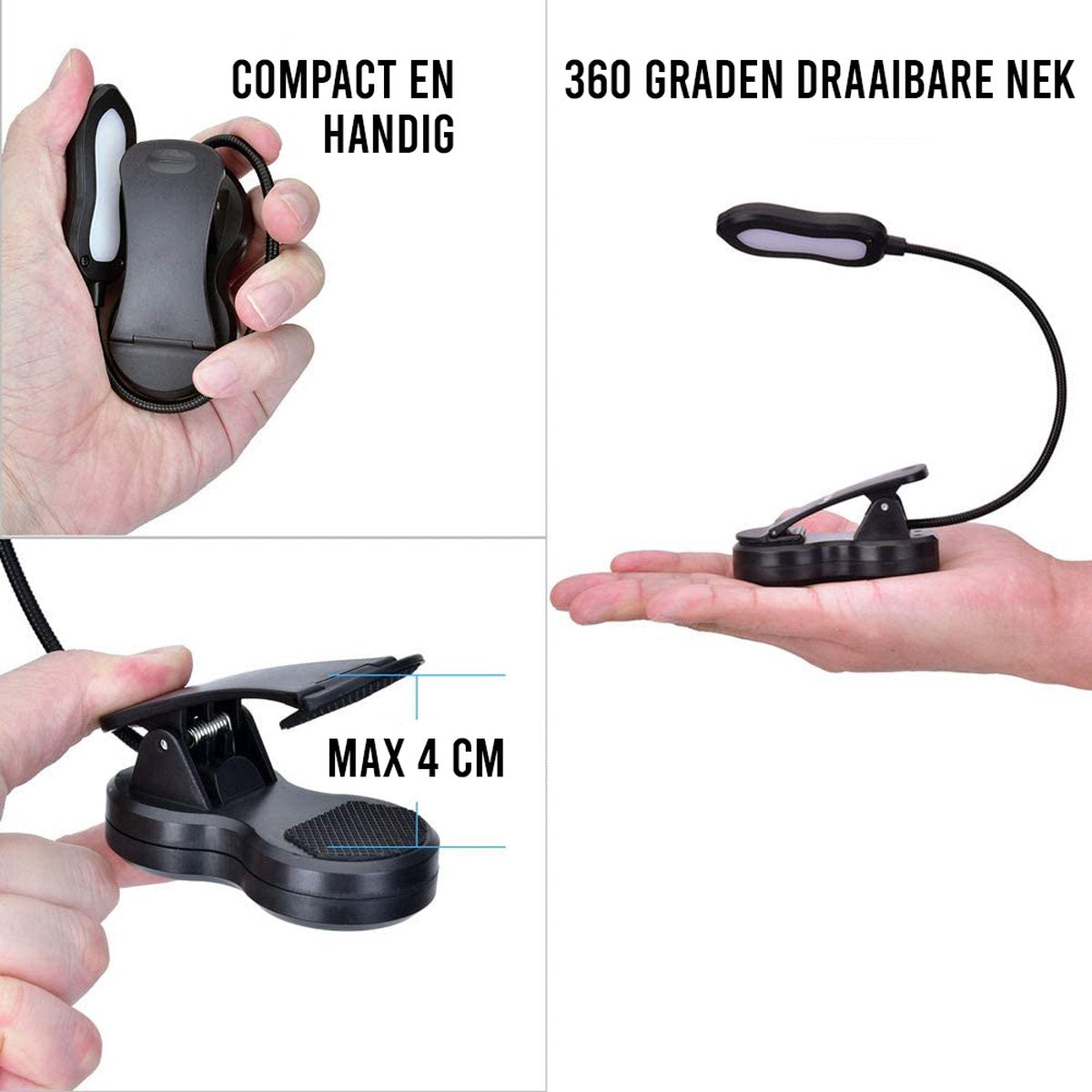 Lampe de lecture Podec - avec pince et niveaux de lumière graduables - rechargeable - 9 x 3 x 17 cm - noir