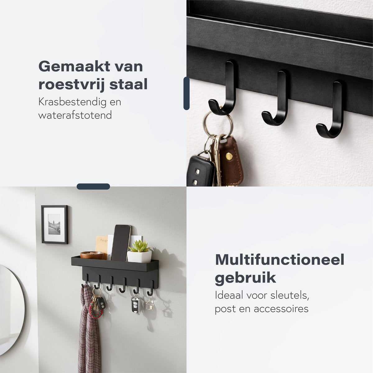 Luft Porte-clés avec étagère - 6 crochets - Porte-manteau - Organisateur - Mural - Industriel - Noir
