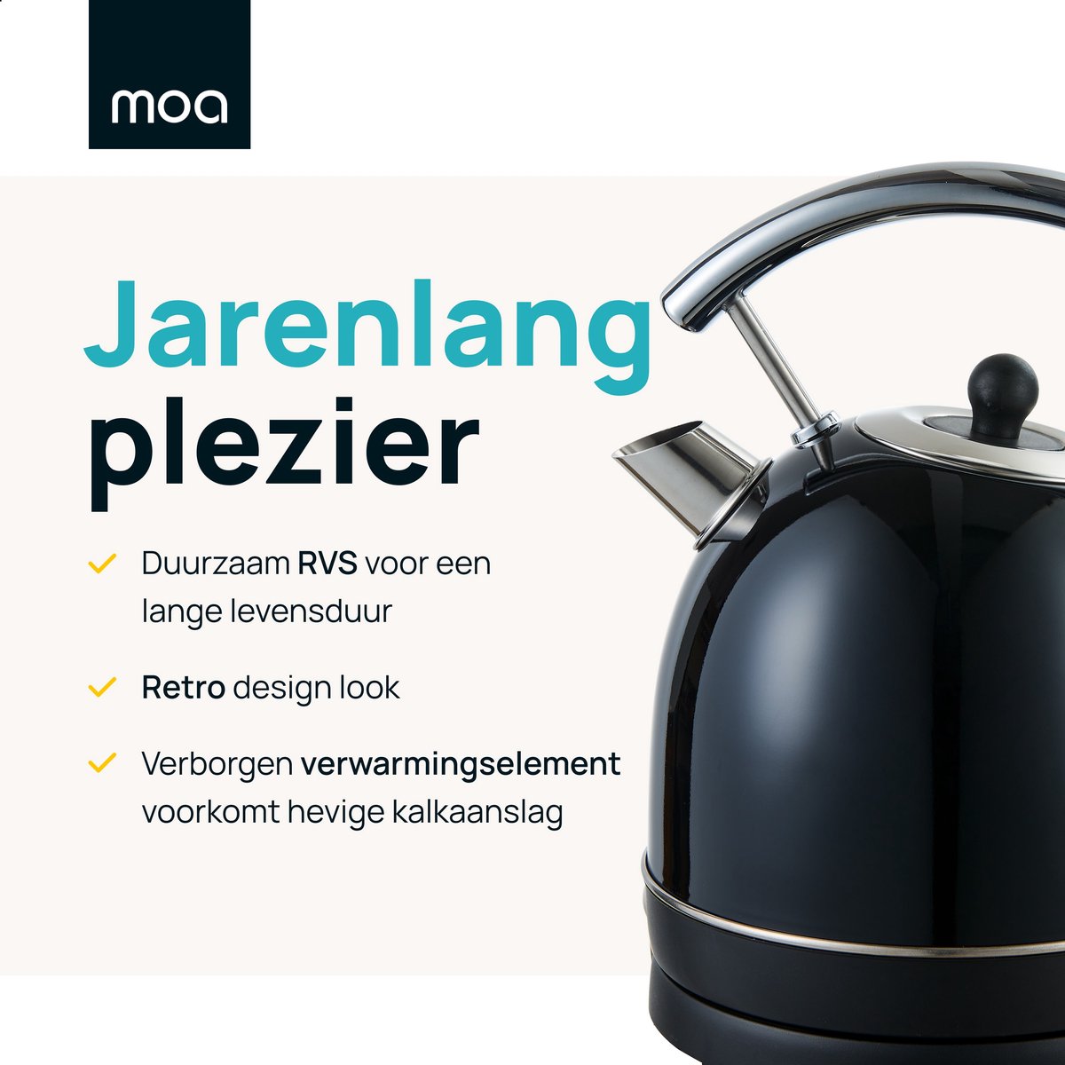MOA® Retro Kettle - 1,8 litre - Acier inoxydable - Avec thermomètre et filtre anticalcaire - 2200W - Noir