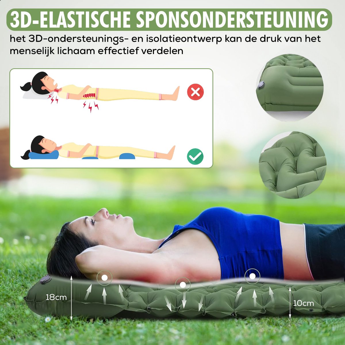Travelhawk Airbed - Lit de camping - Pompe intégrée - 1 personne - Matelas de couchage 1 personne - Système Click - Vert