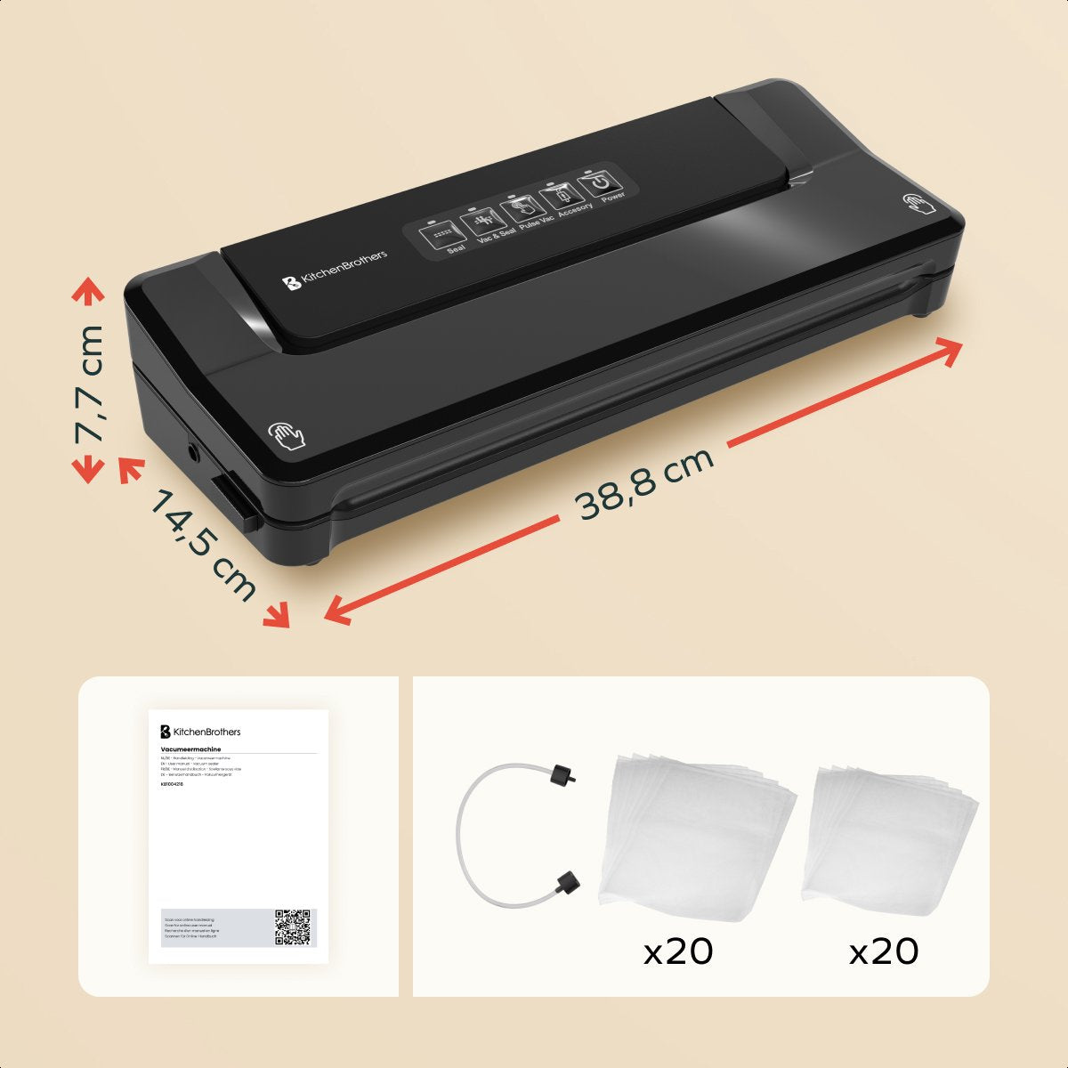 KitchenBrothers Vacuum machine Essential - Machine à emballer sous vide 4,5 L/min - 4 supports - 40 sacs de mise sous vide sans PFAS et tuyau de mise sous vide inclus - Noir